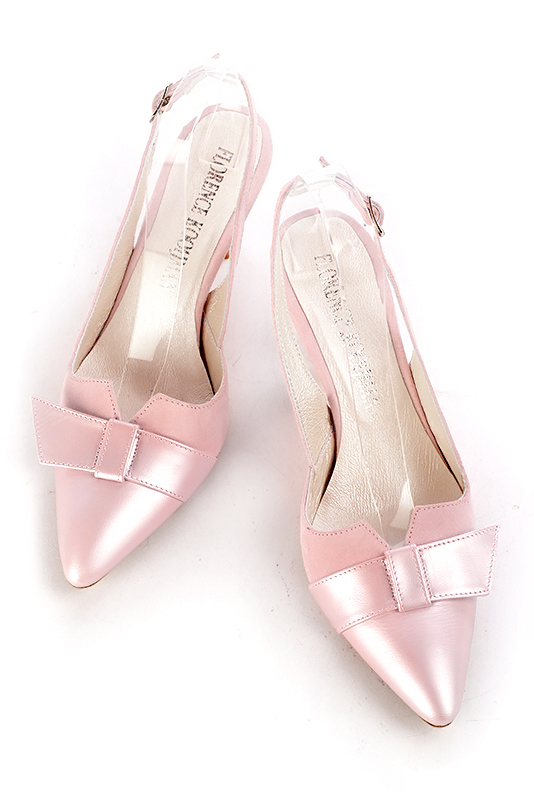 Light pink women's open back shoes, with a knot. Tapered toe. High spool heels. Top view - Florence KOOIJMAN